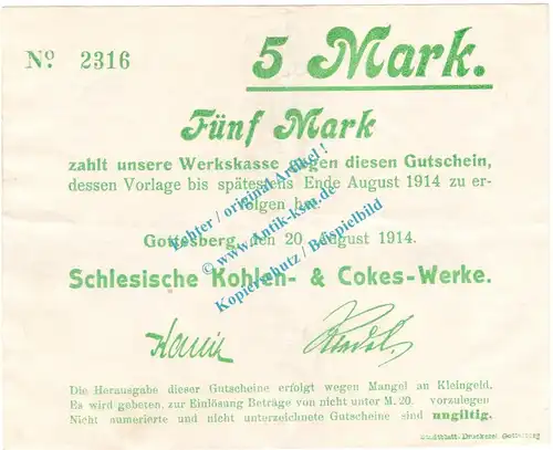 Gottesberg , Notgeld 5 Mark Schein in gbr. Diessner 129.1.c , Niederschlesien 1914 Notgeld 1914-15