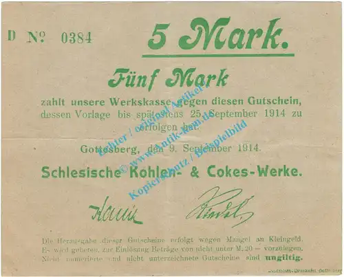 Gottesberg , Notgeld 5 Mark Schein in gbr. Diessner 129.4.c , Niederschlesien 1914 Notgeld 1914-15