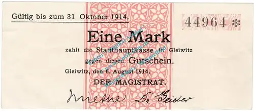 Gleiwitz , Notgeld 1 Mark Schein in gbr. Diessner 122 , Oberschlesien 1914 Notgeld 1914-15