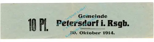 Petersdorf , Notgeld 10 Pfennig -blaugrau- in L-gbr. Diessner 286.b , Niederschlesien 1914 Notgeld 1914-15