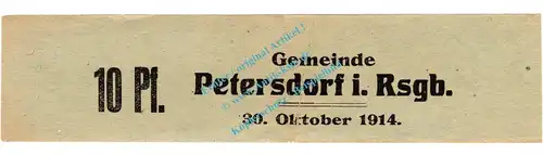 Petersdorf , Notgeld 10 Pfennig -graugrün- in L-gbr. Diessner 286.d , Niederschlesien 1914 Notgeld 1914-15