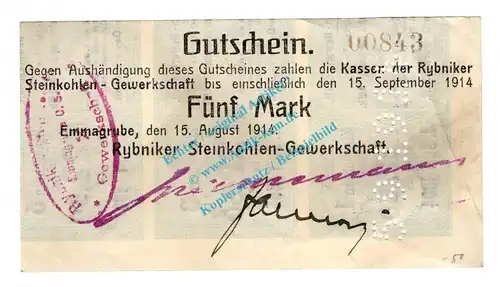 Emmagrube , Notgeld 5 Mark Schein in gbr. Diessner 93.2.c-d , Oberschlesien 1914 Notgeld 1914-15
