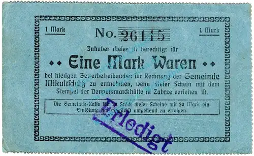 Mikultschütz , Notgeld 1 Mark Schein in gbr.E , Diessner 236.b , Oberschlesien o.D. Notgeld 1914-15
