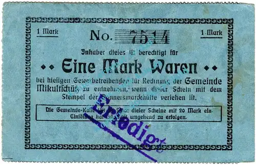 Mikultschütz , Notgeld 1 Mark Schein in gbr.E , Diessner 236.d , Oberschlesien o.D. Notgeld 1914-15