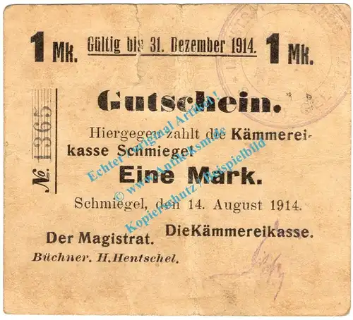 Schmiegel , Notgeld 1 Mark Schein in gbr. Diessner 357.2.b , Oberschlesien 1914 Notgeld 1914-15