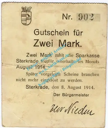 Sterkrade , Notgeld 2 Mark Schein in gbr. Diessner 380.2.b , Rheinland 1914 Notgeld 1914-15