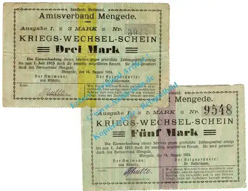 Mengede , Notgeld Set mit 2 Scheinen in gbr. Diessner 228II... Westfalen 1914 Notgeld 1914-15