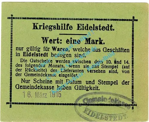 Eidelstedt , Notgeld 1 Mark -Scheuer- in L-gbr. Diessner 87.2.b , Schleswig Holstein 1915 Notgeld 1914-15