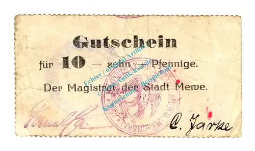 Mewe , Notgeld 10 Pfennig Schein in gbr.E , Diessner 233.1.a , Westpreussen o.D. Notgeld 1914-15