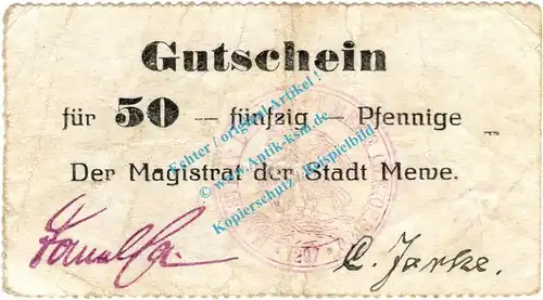 Mewe , Notgeld 50 Pfennig Schein in gbr.E , Diessner 233.2.d , Westpreussen o.D. Notgeld 1914-15