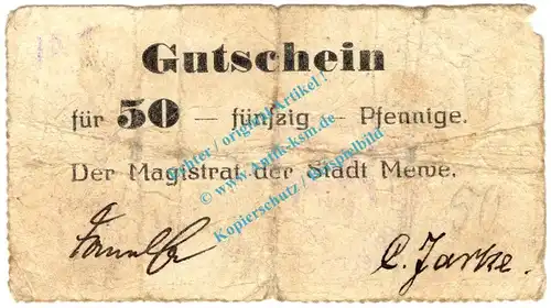 Mewe , Notgeld 50 Pfennig Schein in gbr. Diessner 233.2.a , Westpreussen o.D. Notgeld 1914-15
