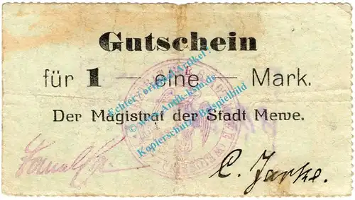 Mewe , Notgeld 1 Mark Schein in gbr.E , Diessner 233.3.b , Westpreussen o.D. Notgeld 1914-15