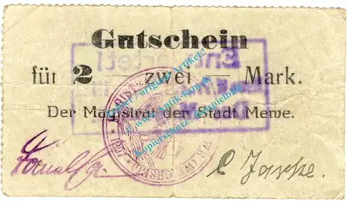 Mewe , Notgeld 2 Mark Schein in gbr.E , Diessner 233.4.d , Westpreussen o.D. Notgeld 1914-15