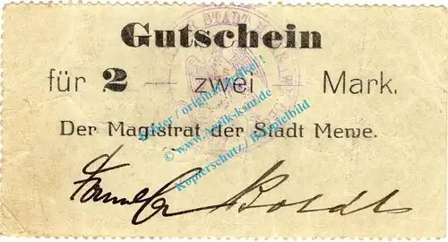 Mewe , Notgeld 2 Mark Schein in gbr.E , Diessner 233.4.a , Westpreussen o.D. Notgeld 1914-15