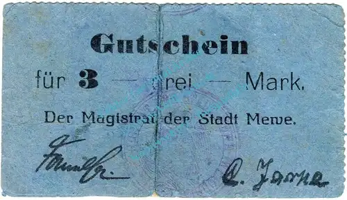 Mewe , Notgeld 3 Mark -80 x 40mm- in gbr.E , Diessner 233.6.a , Westpreussen o.D. Notgeld 1914-15