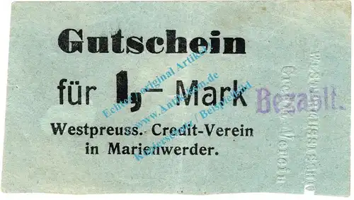 Marienwerder , Notgeld 1 Mark Schein in gbr.E Diessner 219.2.a , Westpreussen o.D. Notgeld 1914-15