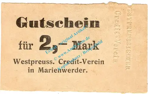 Marienwerder , Notgeld 2 Mark Schein in gbr. Diessner 219.3.c , Westpreussen o.D. Notgeld 1914-15