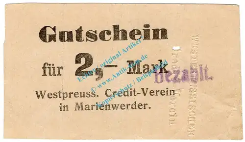 Marienwerder , Notgeld 2 Mark Schein in gbr.E Diessner 219.3.c , Westpreussen o.D. Notgeld 1914-15