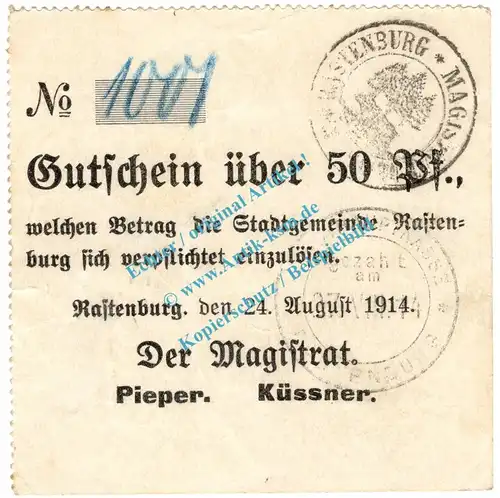 Rastenburg , Notgeld 50 Pfennig Schein in kfr. Diessner 310.1.c , Ostpreussen 1914 Notgeld 1914-15