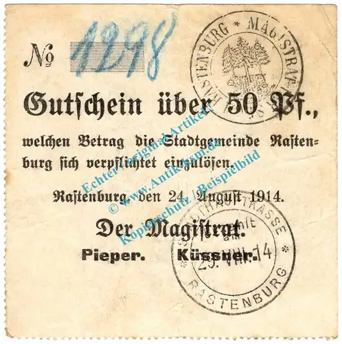 Rastenburg , Notgeld 50 Pfennig Schein in gbr. Diessner 310.1.c , Ostpreussen 1914 Notgeld 1914-15