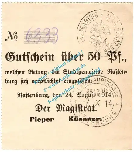 Rastenburg , Notgeld 50 Pfennig Schein in kfr.E Diessner 310.1.e , Ostpreussen 1914 Notgeld 1914-15