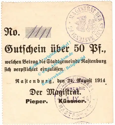 Rastenburg , Notgeld 50 Pfennig -F II- in kfr.E Diessner 310.1.g , Ostpreussen 1914 Notgeld 1914-15