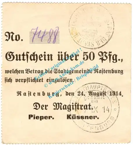Rastenburg , Notgeld 50 Pfennig -Pfg- in L-gbr.E Diessner 310.1.h , Ostpreussen 1914 Notgeld 1914-15