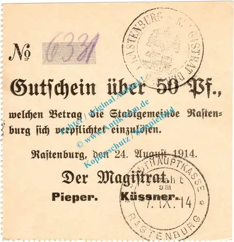Rastenburg , Notgeld 50 Pfennig -F I- in kfr.E Diessner 310.1.e , Ostpreussen 1914 Notgeld 1914-15