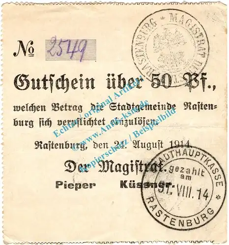 Rastenburg , Notgeld 50 Pfennig -F III- in gbr.E Diessner 310.1.e , Ostpreussen 1914 Notgeld 1914-15