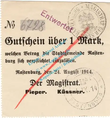 Rastenburg , Notgeld 1 Mark Schein in L-gbr.E Diessner 310.2.a , Ostpreussen 1914 Notgeld 1914-15