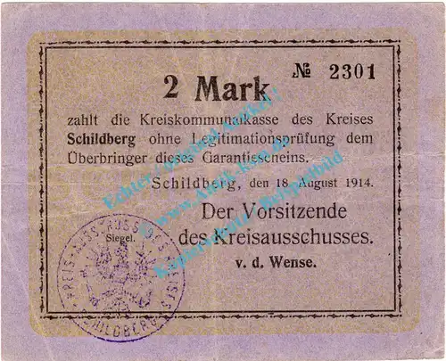 Schildberg , Notgeld 2 Mark Schein in gbr. Diessner 355.3 , Posen 1914 Notgeld 1914-15