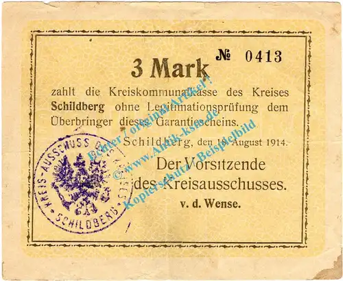 Schildberg , Notgeld 3 Mark Schein in gbr. Diessner 355.4 , Posen 1914 Notgeld 1914-15