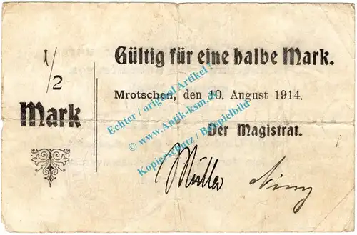 Mrotschen , Notgeld 1 halbe Mark Schein in gbr. Diessner 244.1 , Posen 1914 Notgeld 1914-15