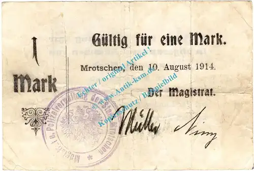 Mrotschen , Notgeld 1 Mark Schein in gbr. Diessner 244.2 , Posen 1914 Notgeld 1914-15