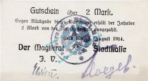 Exin , Notgeld 2 Mark Schein in kfr. Diessner 96.7 , Posen 1914 Notgeld 1914-15