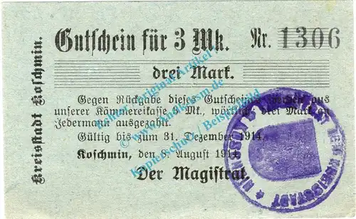 Koschmin , Notgeld 3 Mark Schein in kfr. Diessner 186.4.c , Posen 1914 Notgeld 1914-15