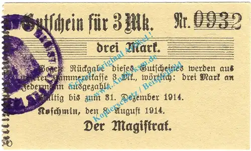 Koschmin , Notgeld 3 Mark -olivgrau- in kfr. Diessner 186.4.a , Posen 1914 Notgeld 1914-15