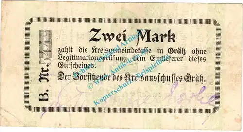 Grätz , Notgeld 2 Mark Schein in gbr. Diessner 130.6.a , Posen 1914 Notgeld 1914-15