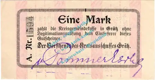 Grätz , Notgeld 1 Mark Schein in kfr. Diessner 130.5.a , Posen 1914 Notgeld 1914-15