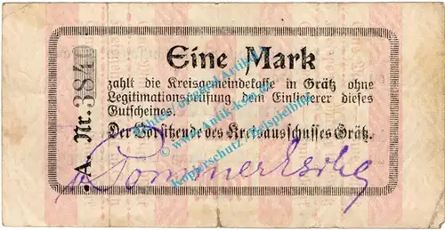 Grätz , Notgeld 1 Mark Schein in gbr. Diessner 130.5.a , Posen 1914 Notgeld 1914-15