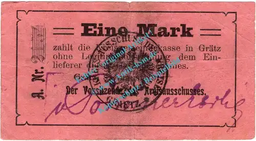 Grätz , Notgeld 1 Mark Schein in gbr. Diessner 130.1.a , Posen 1914 Notgeld 1914-15