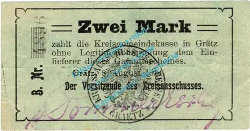 Grätz , Notgeld 2 Mark Schein in gbr. Diessner 130.2.a , Posen 1914 Notgeld 1914-15