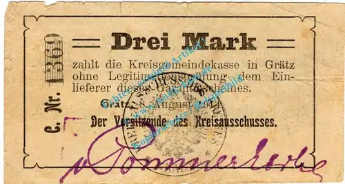 Grätz , Notgeld 3 Mark Schein in gbr. Diessner 130.3.a , Posen 1914 Notgeld 1914-15