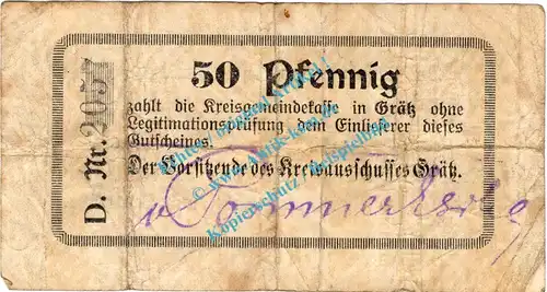 Grätz , Notgeld 50 Pfennig Schein in gbr. Diessner 130.4.a , Posen o.D. Notgeld 1914-15