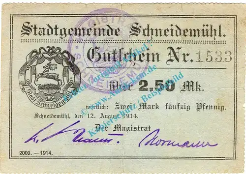 Schneidemühl , Notgeld 2,50 Mark Schein in gbr. Diessner 358.2.a , Posen 1914 Notgeld 1914-15