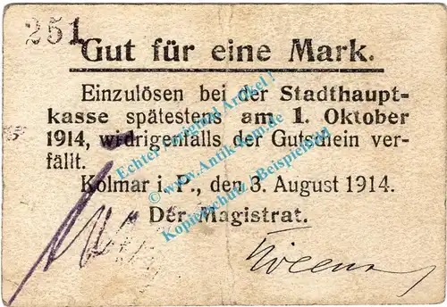 Kolmar , Notgeld 1 Mark Schein in gbr. Diessner 184.2 , Posen 1914 Notgeld 1914-15