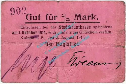 Kolmar , Notgeld 1 halbe Mark Schein in gbr. Diessner 184.1.a , Posen 1914 Notgeld 1914-15