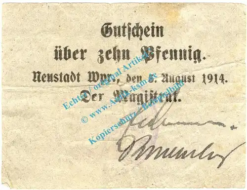 Neustadt , Notgeld 10 Pfennig Schein in gbr. Diessner 260.4.a , Westpreussen 1914 Notgeld 1914-15