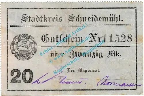 Schneidemühl , Notgeld 20 Mark Schein in gbr. Geiger 480.2 , Posen o.D. Grossnotgeld 1918