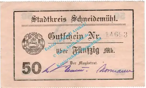 Schneidemühl , Notgeld 50 Mark Schein in L-gbr. Geiger 480.3 , Posen o.D. Grossnotgeld 1918